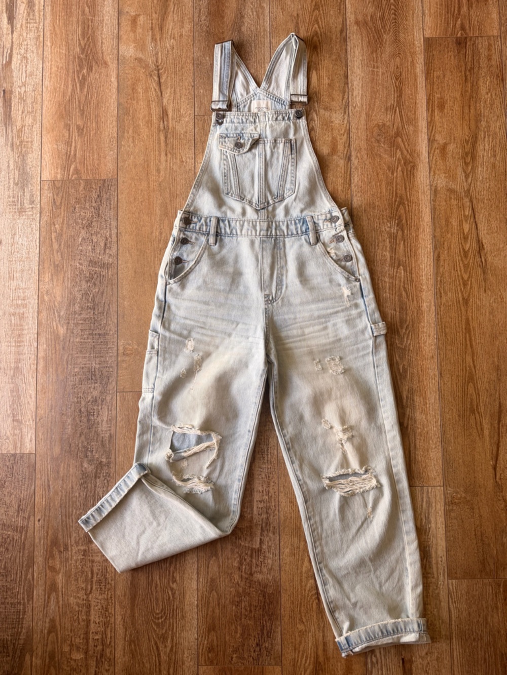 Hidden Light Wash Distressed Overalls